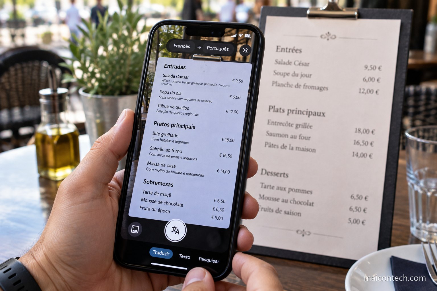 Telemovel a traduzir com a camara a ementa de um restaurante, mostrando o texto em portugues no ecra
