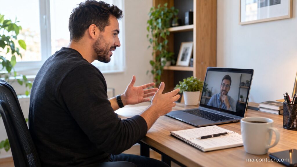 Homem em videochamada no computador portatil a explicar algo com expressao animada