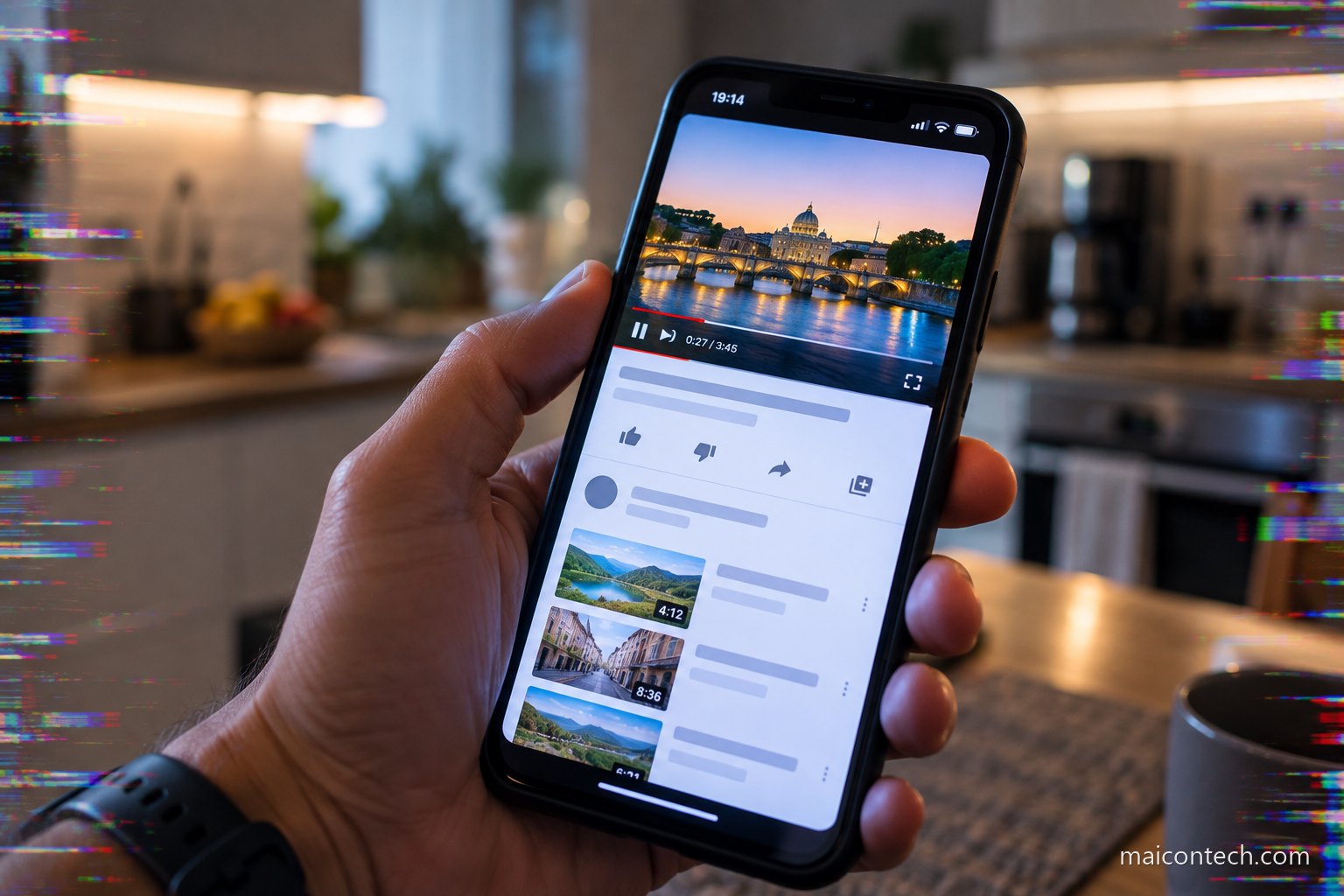 Mao a segurar um telemovel a reproduzir um video, com ruido digital colorido nas margens da imagem