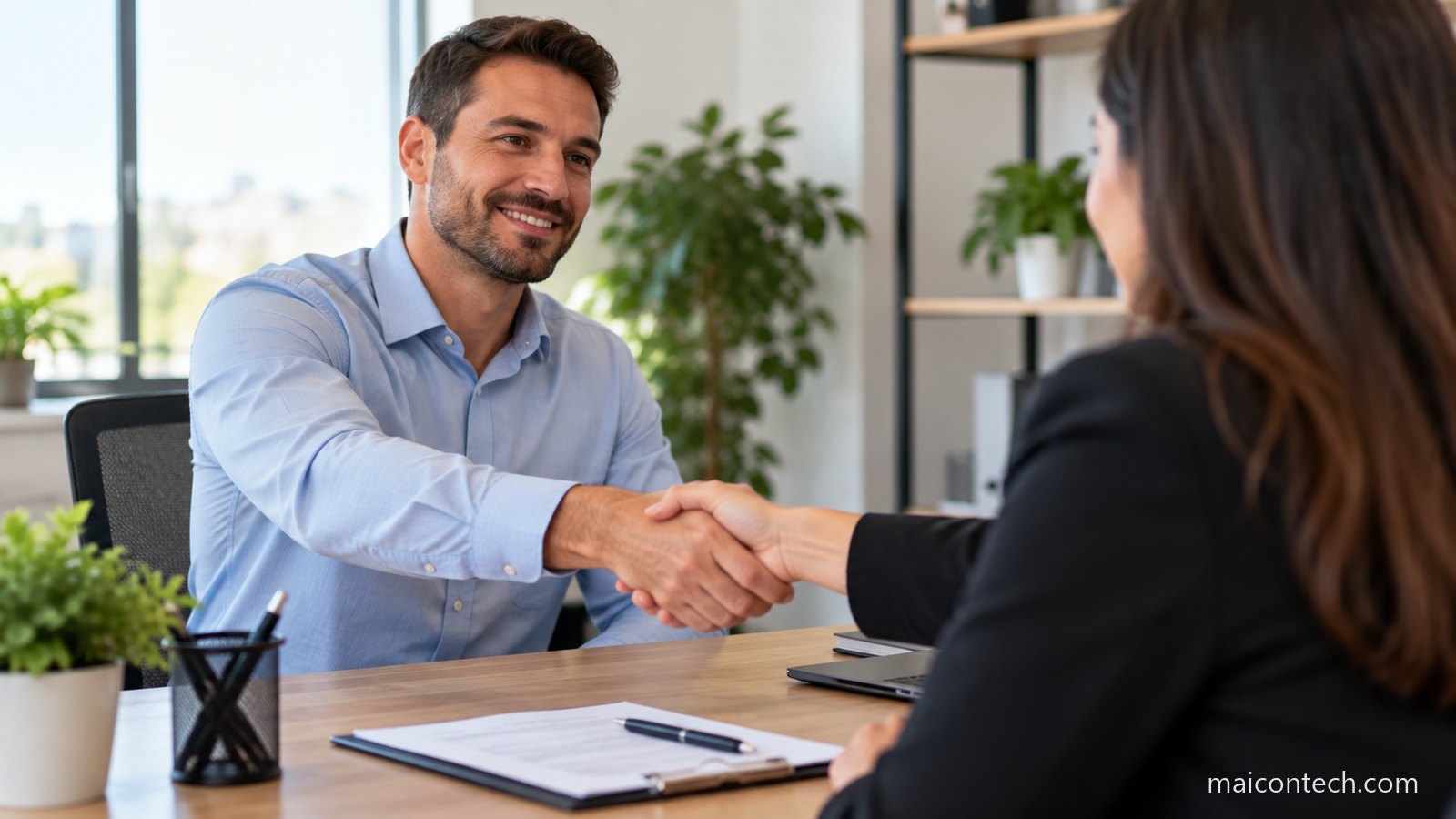 Aperto de mãos numa entrevista de emprego em escritório
