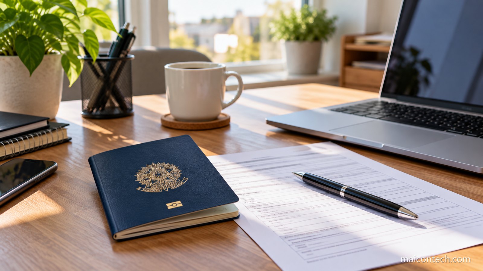 Passaporte, formulário e caneta sobre a mesa ao lado de um notebook
