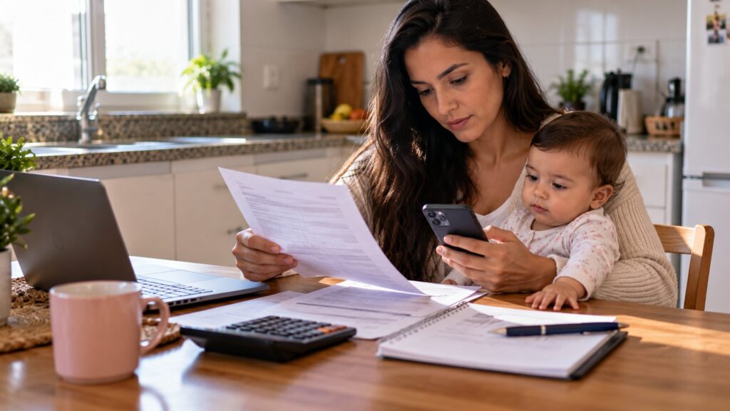 Mãe com um bebé ao colo sentada à mesa da cozinha, a ler papéis com o telemóvel na mão