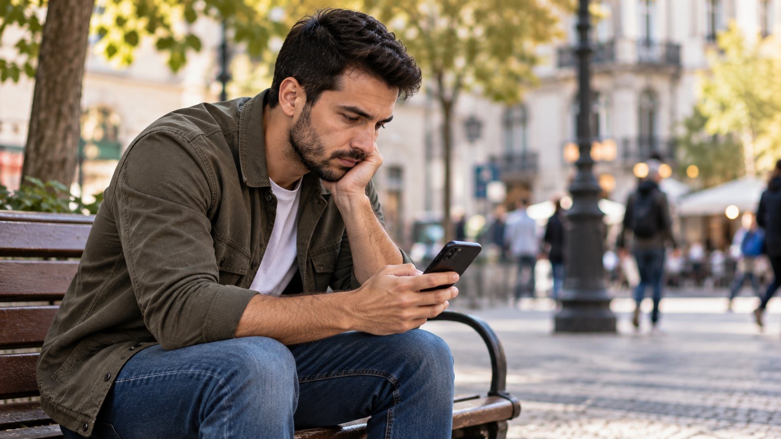 Pessoa a olhar para o ecrã do telemóvel com expressão de espera, sentada num banco