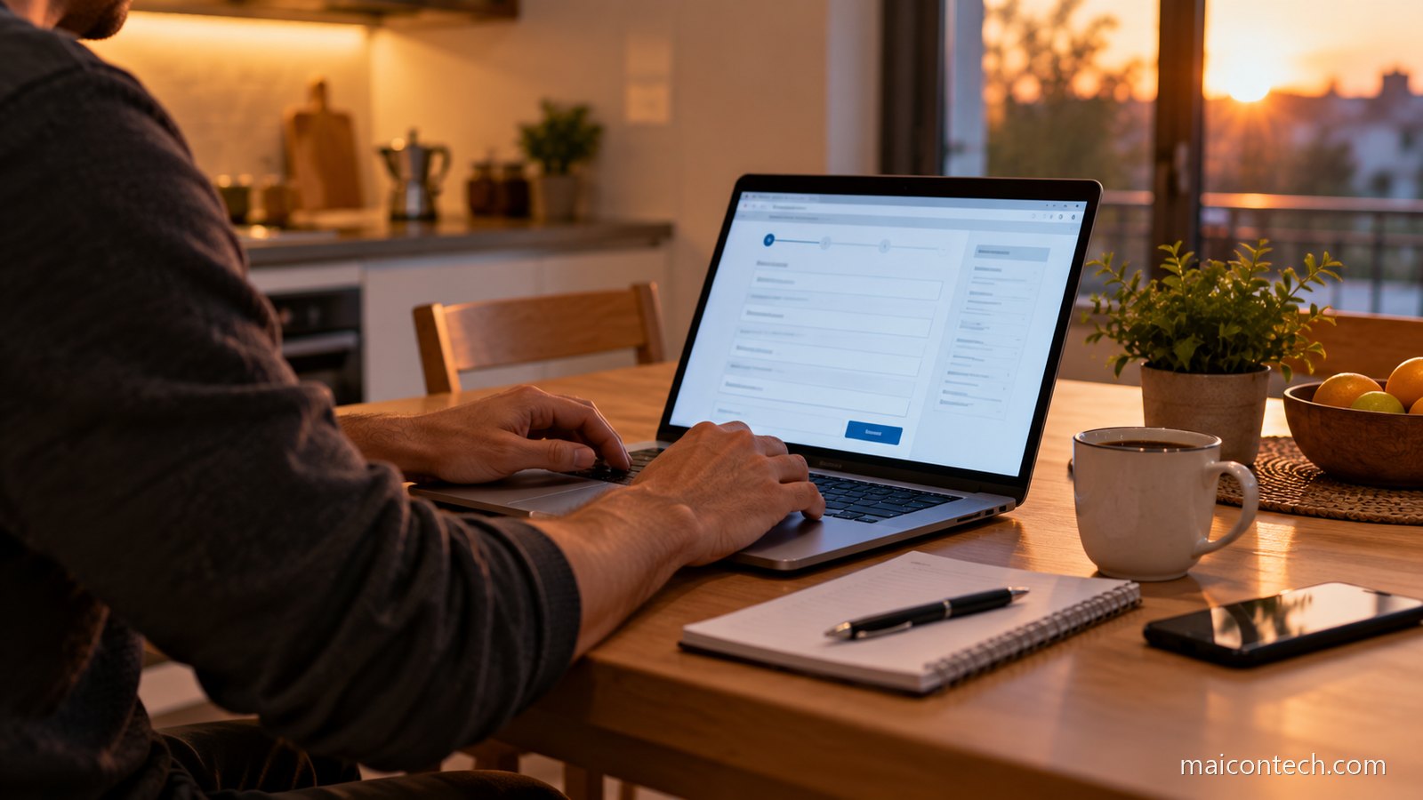 Pessoa a preencher um formulario num computador portatil a mesa da cozinha, ao fim da tarde