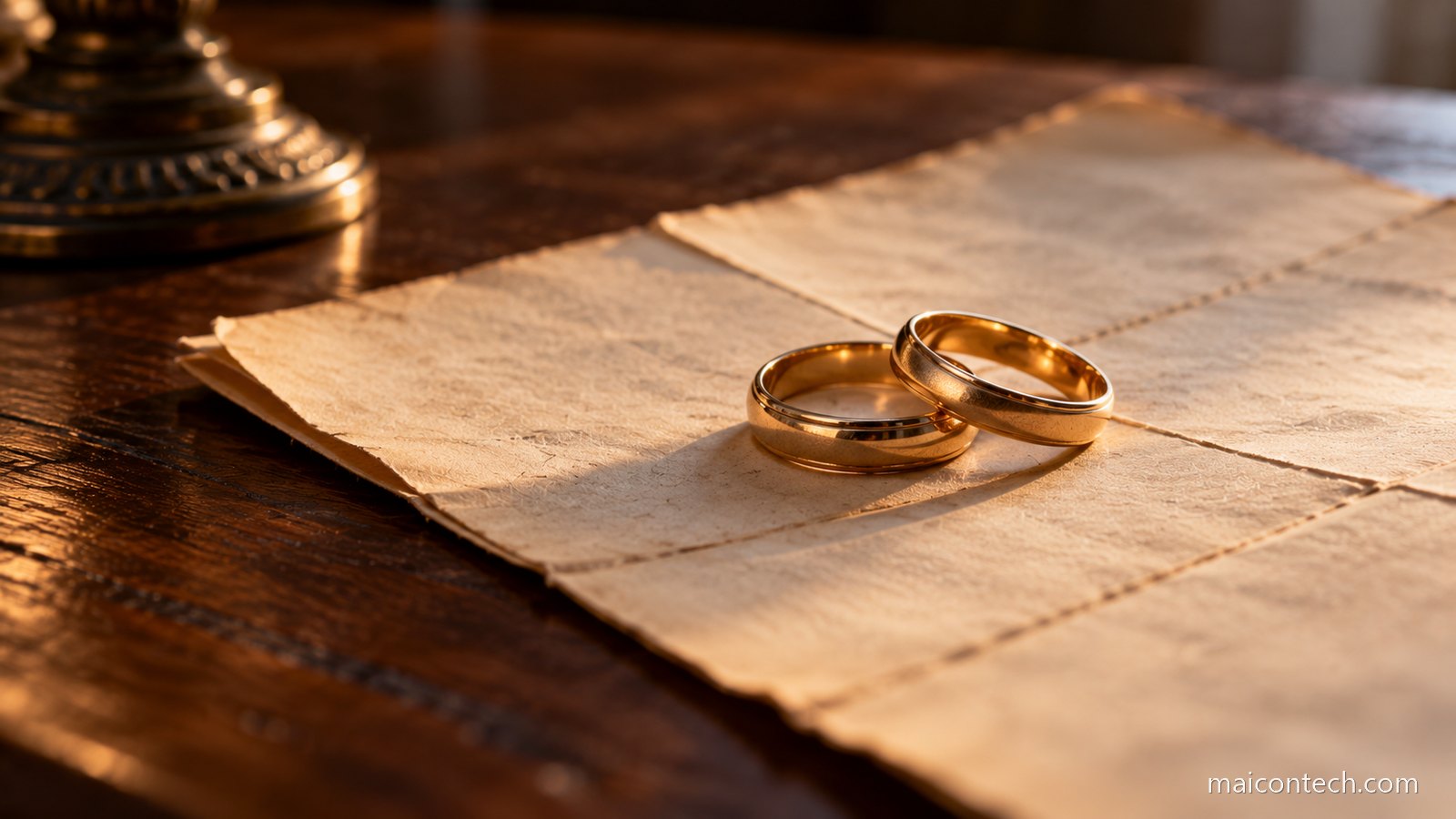 Duas aliancas de casamento pousadas sobre um documento de papel antigo, em mesa de madeira escura