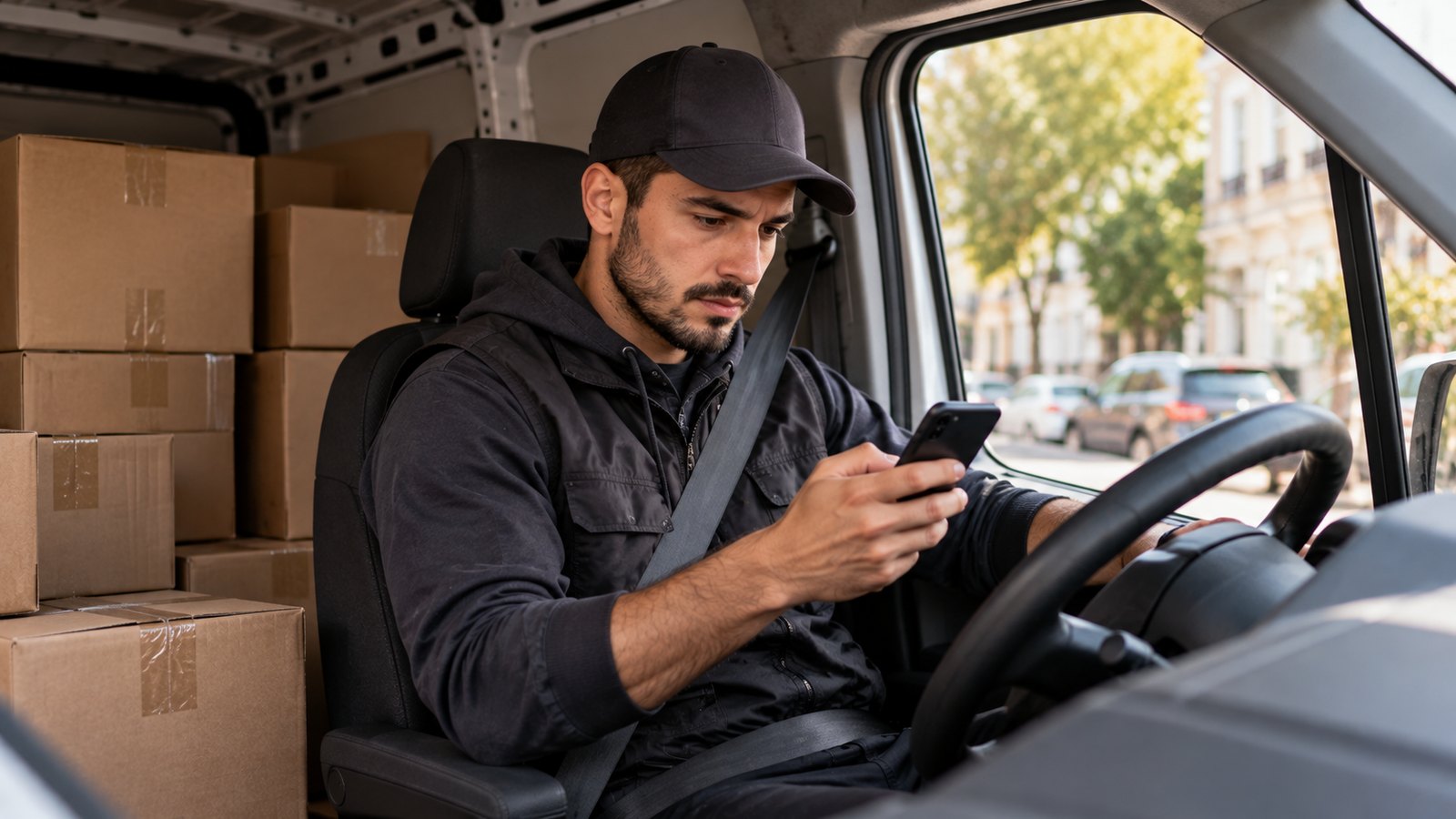 Pessoa a olhar para o telemóvel ao volante de uma carrinha com caixas atrás