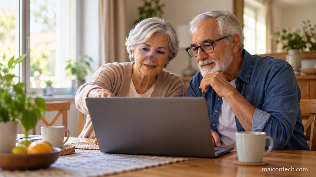 Casal de cerca de 65 anos sentado a mesa de uma sala clara a ver um computador portatil