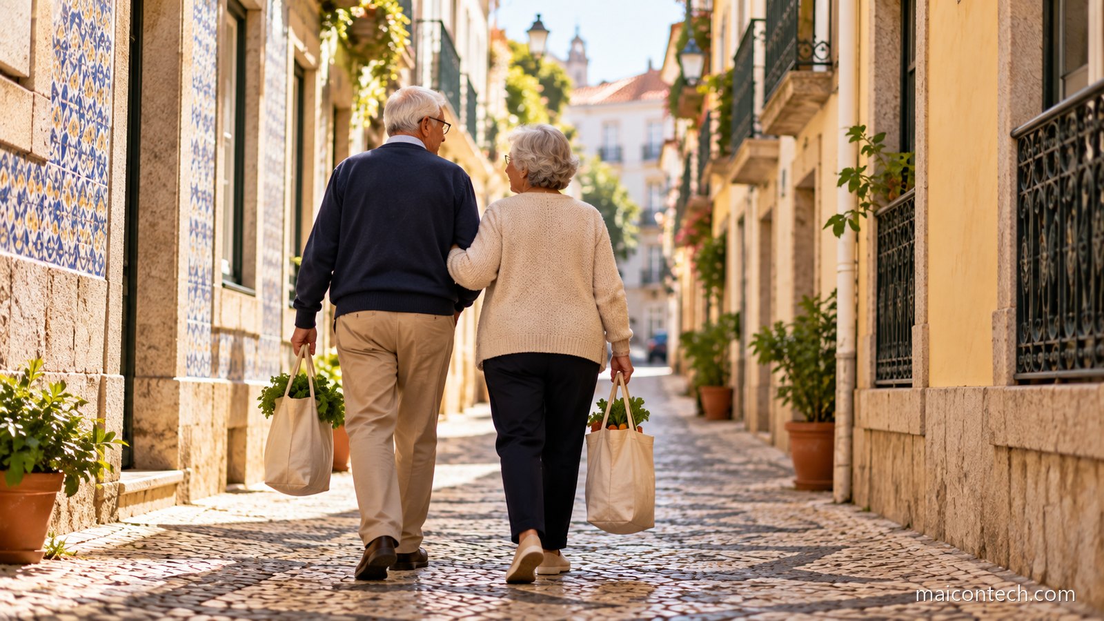 Casal mais velho a passear de braço dado numa rua de calçada portuguesa com sacos de compras