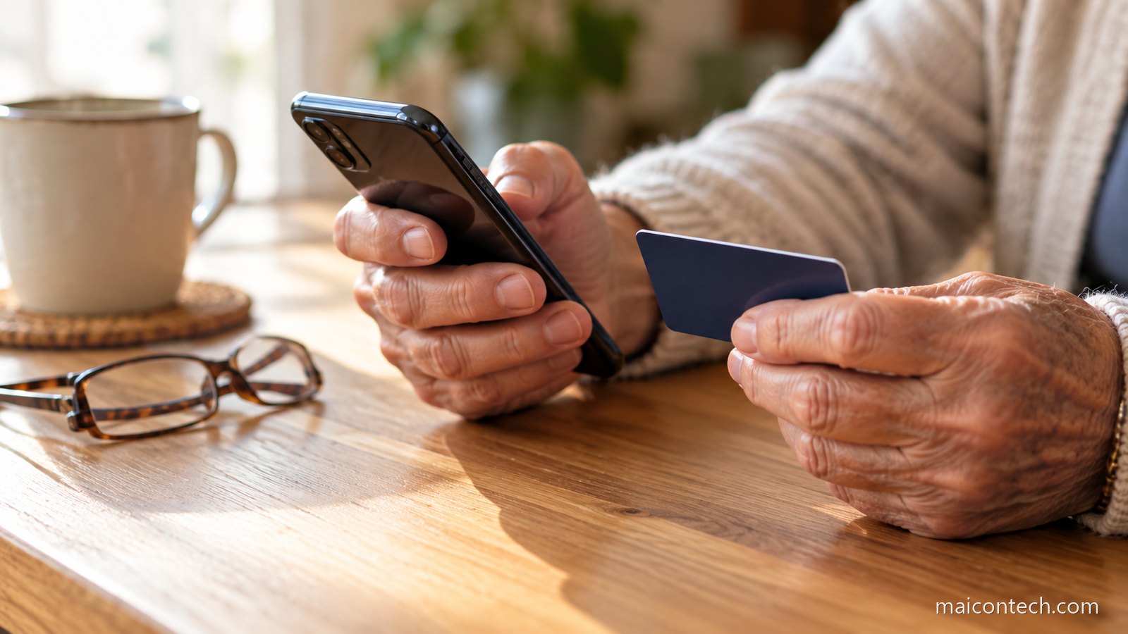 Mãos de uma pessoa mais velha a segurar um telemóvel e um cartão sobre uma mesa de madeira