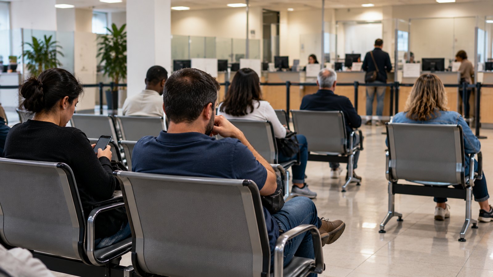 Sala de espera de um serviço público com cadeiras e pessoas sentadas a aguardar