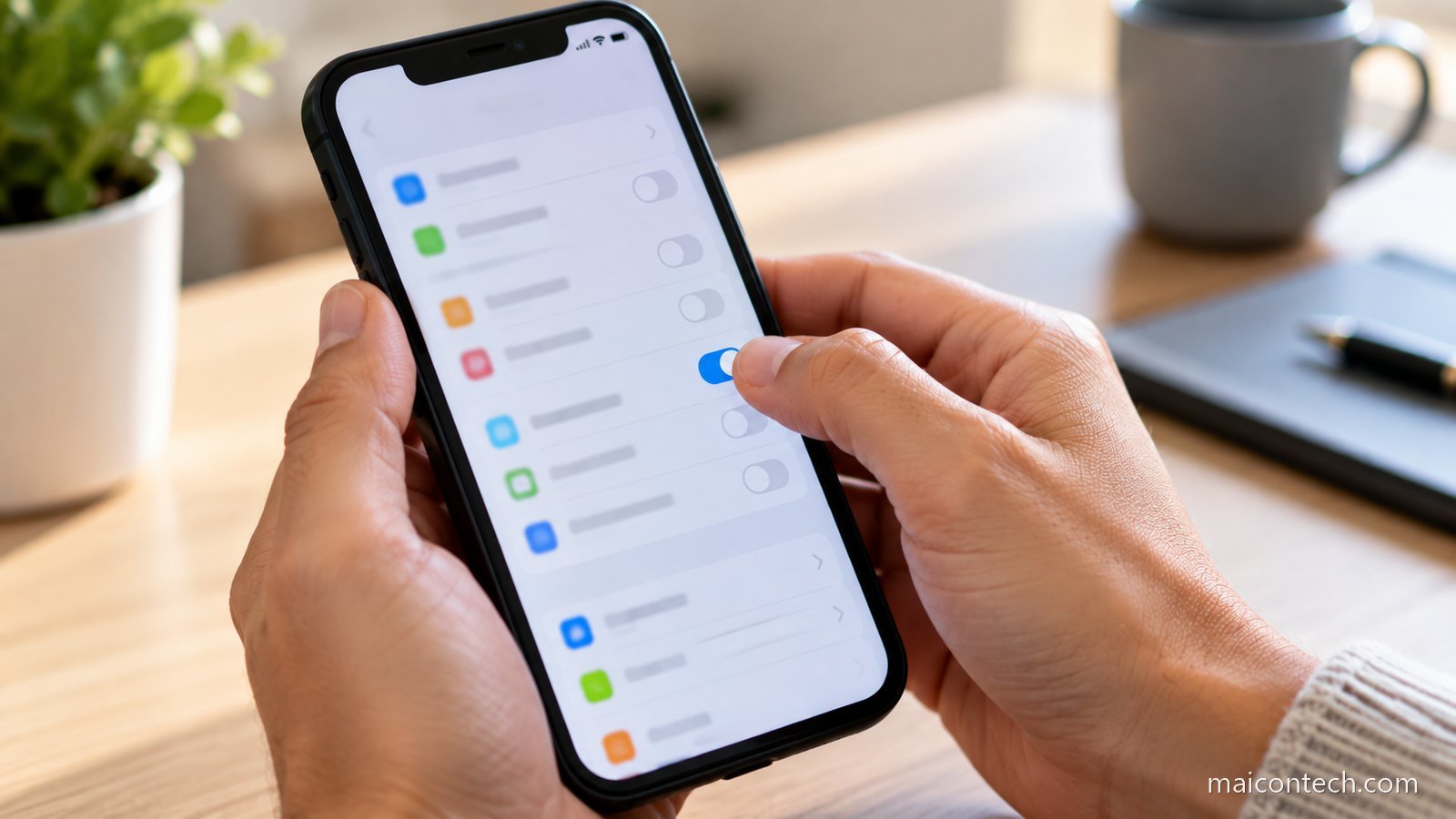 Mãos a segurar um telemóvel com o polegar a tocar num interruptor no ecrã de definições