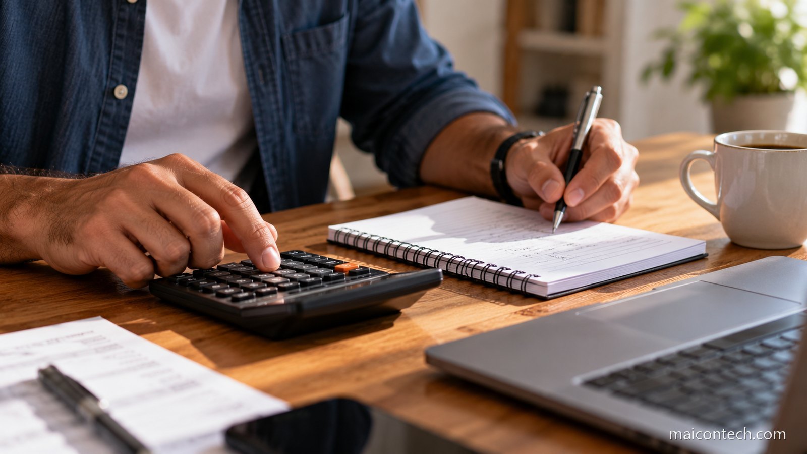 Mãos de um homem a usar uma calculadora preta sobre uma mesa de madeira enquanto escreve contas num caderno de argolas, com um recibo ao lado