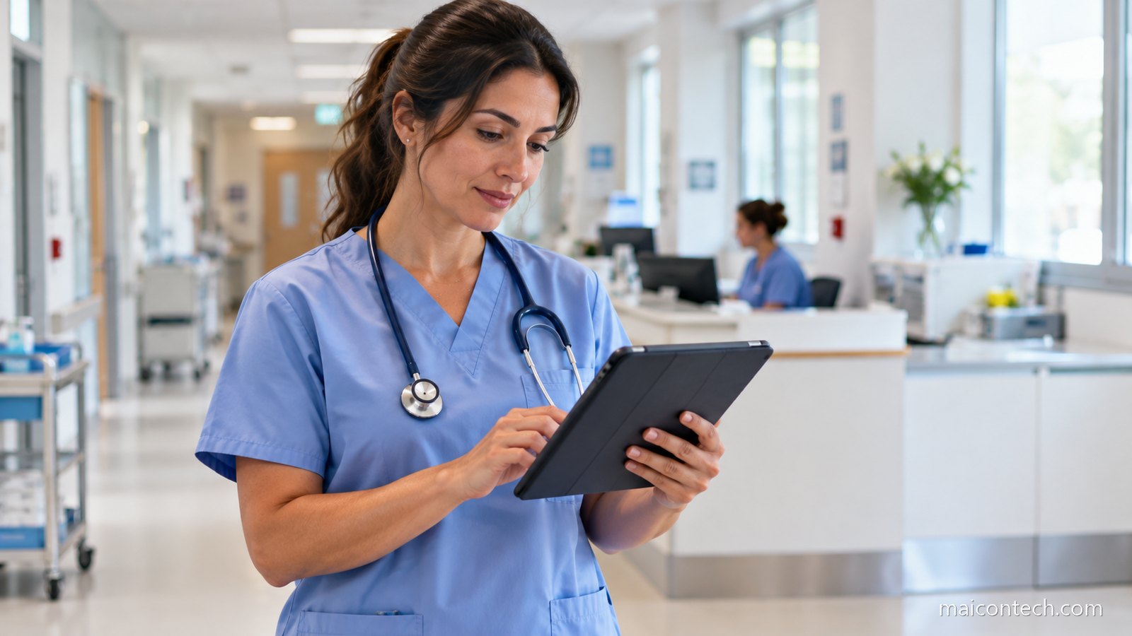 Enfermeira de cerca de 35 anos de uniforme azul-claro e estetoscópio, a consultar um tablet num corredor claro de unidade de saúde