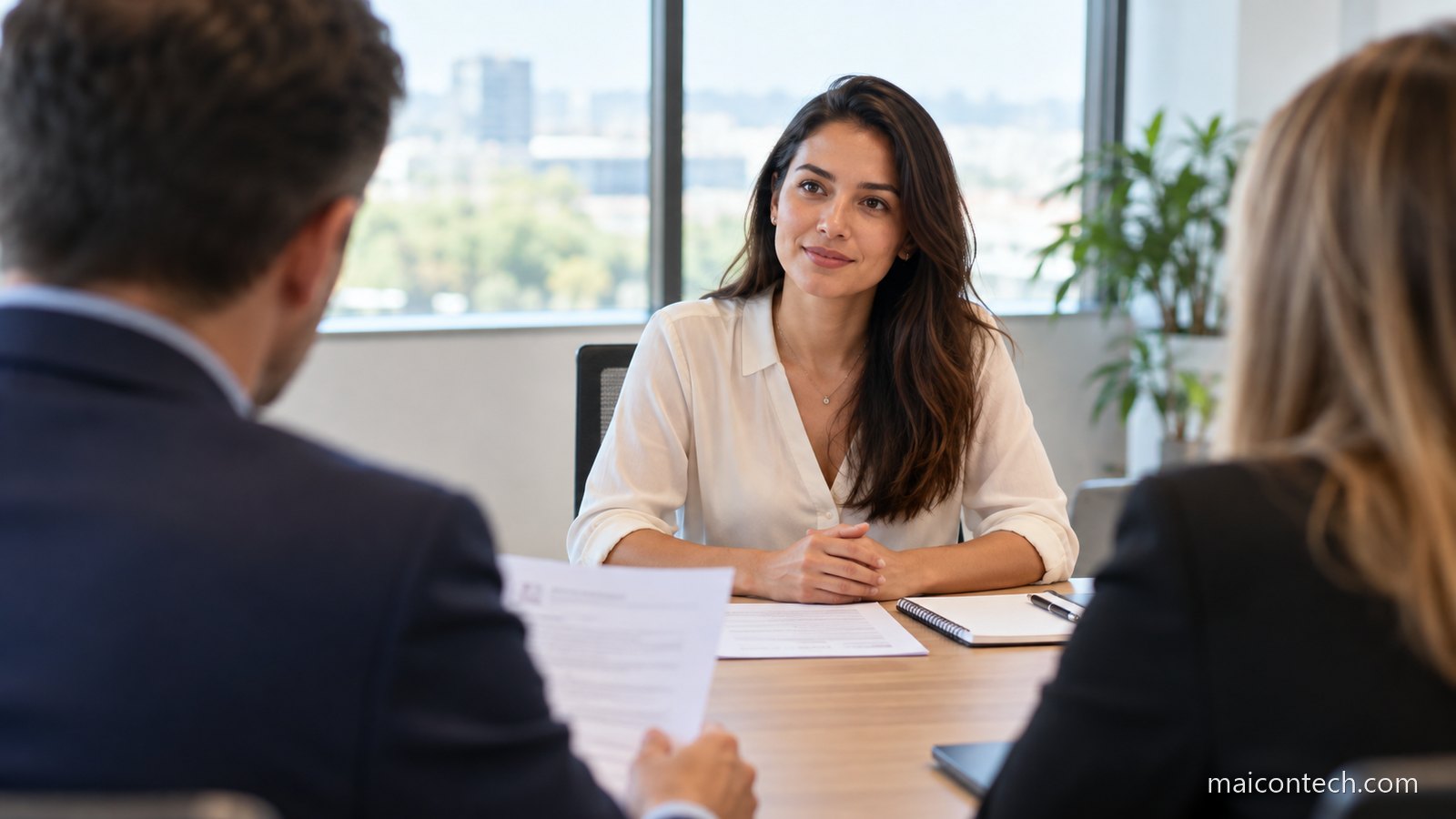 Mulher de cerca de 32 anos numa entrevista de emprego, sentada de frente para dois entrevistadores vistos de costas numa sala de reuniões clara