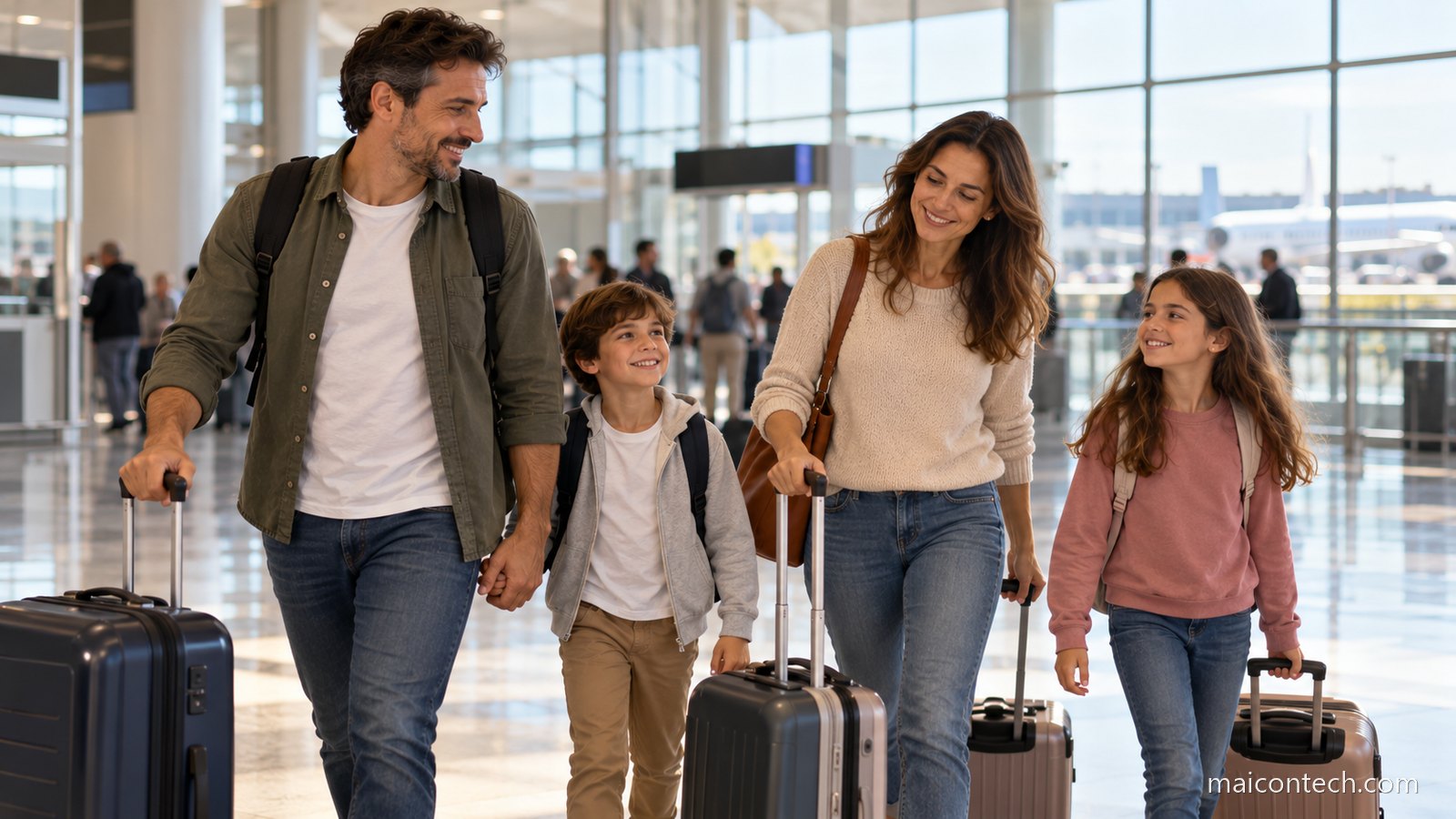 Família de quatro pessoas com malas a caminhar pelo corredor de chegadas de um aeroporto, com luz natural ao fundo