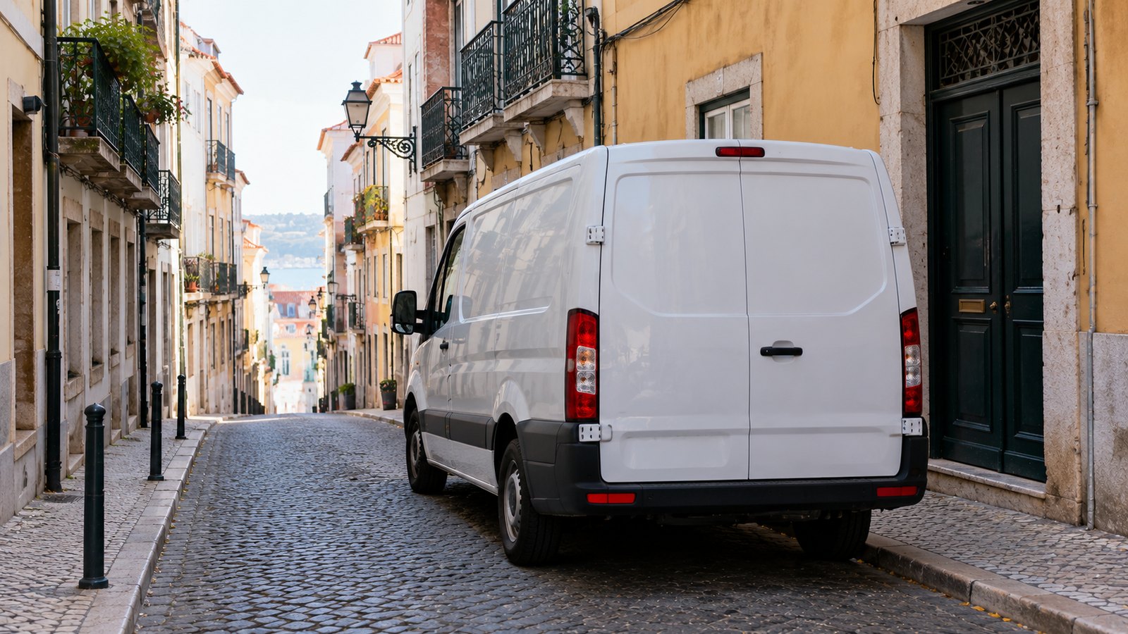Carrinha de entregas branca estacionada numa rua estreita de cidade europeia