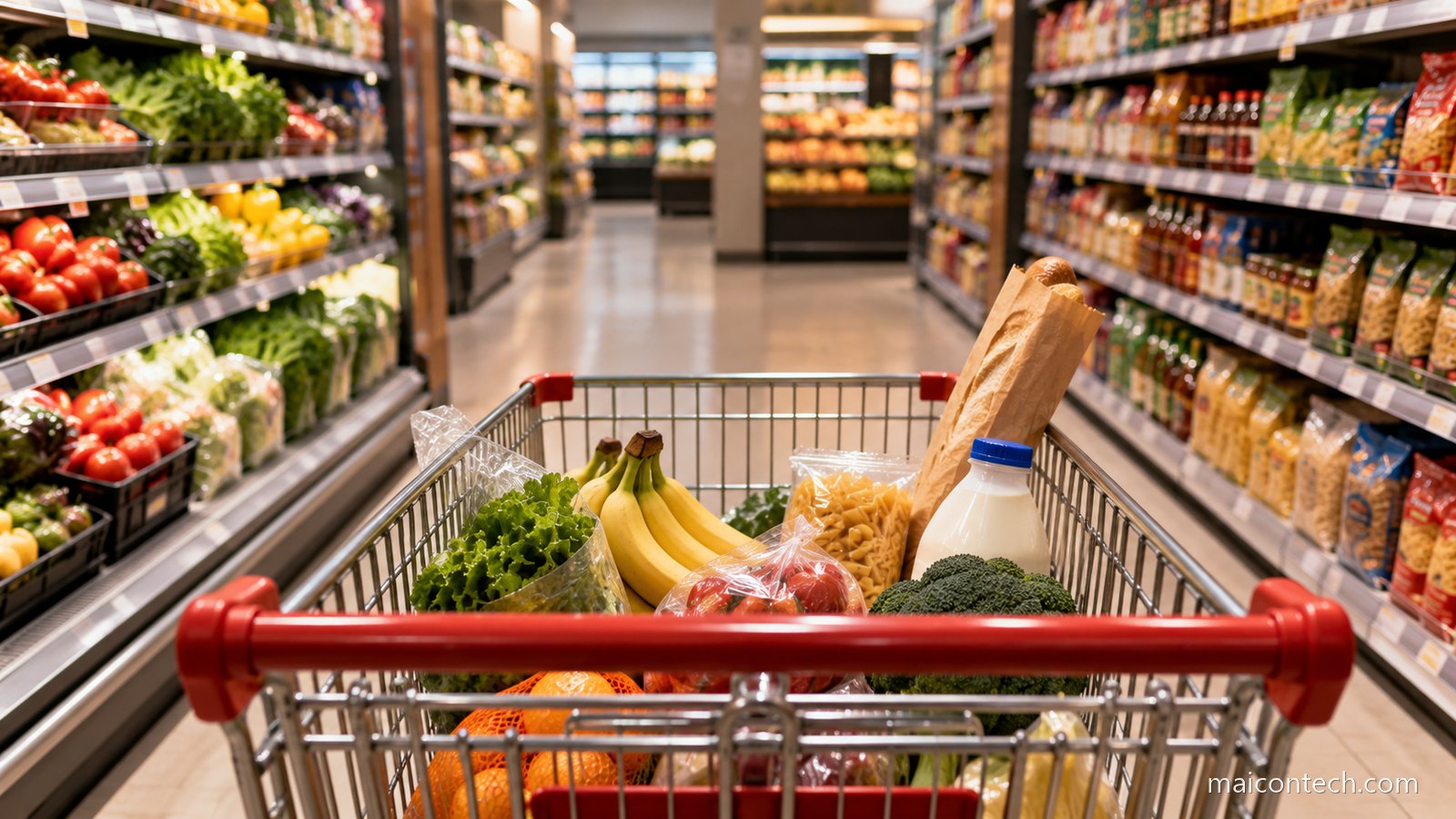 Carrinho de compras com produtos num corredor de supermercado, visto de tras
