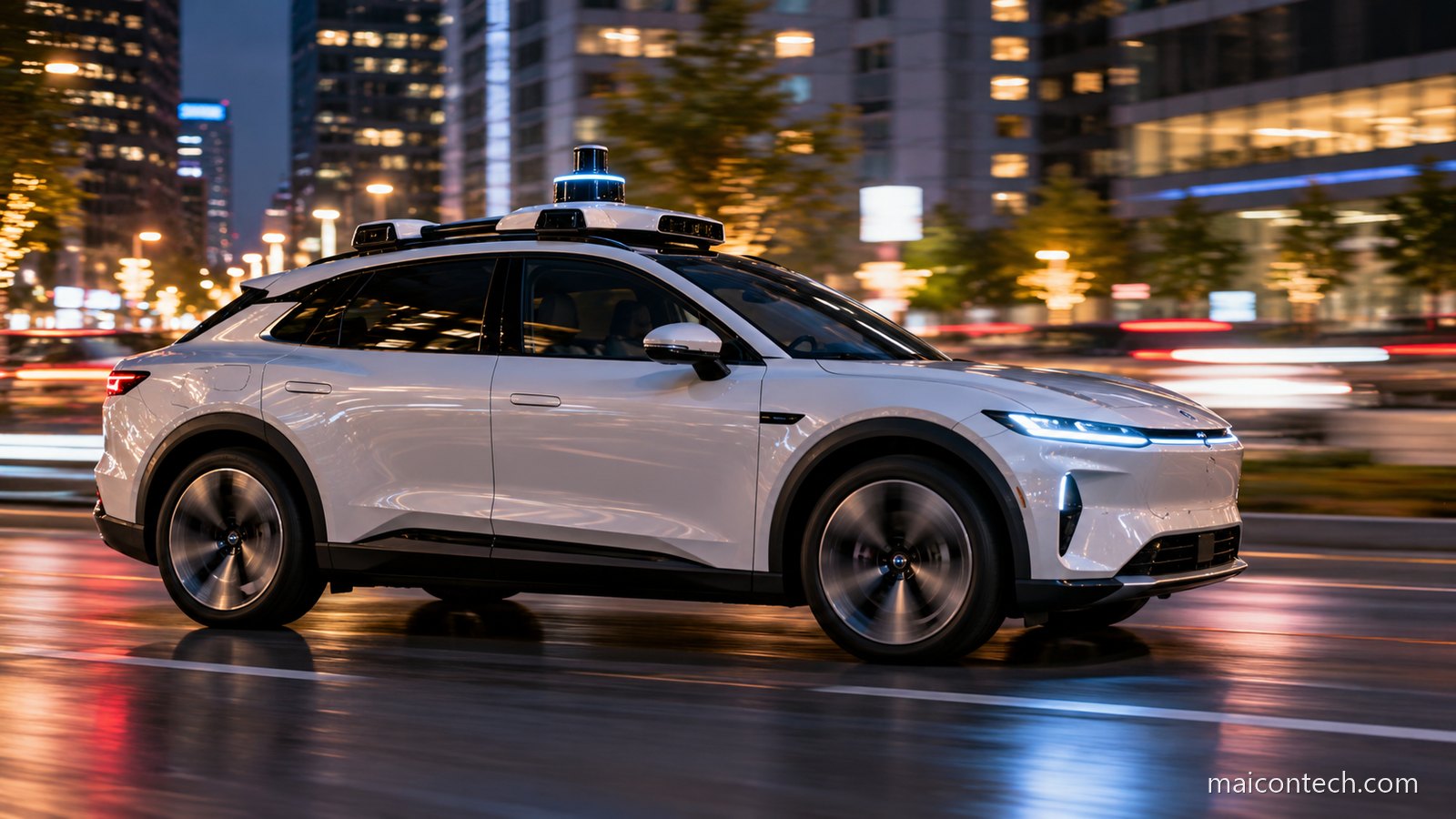 Automóvel elétrico com sensor no tejadilho a circular numa rua de cidade à noite