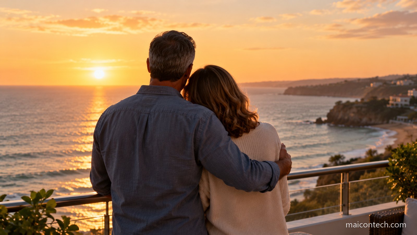 Casal de meia-idade de costas numa varanda, com o mar ao fundo ao amanhecer