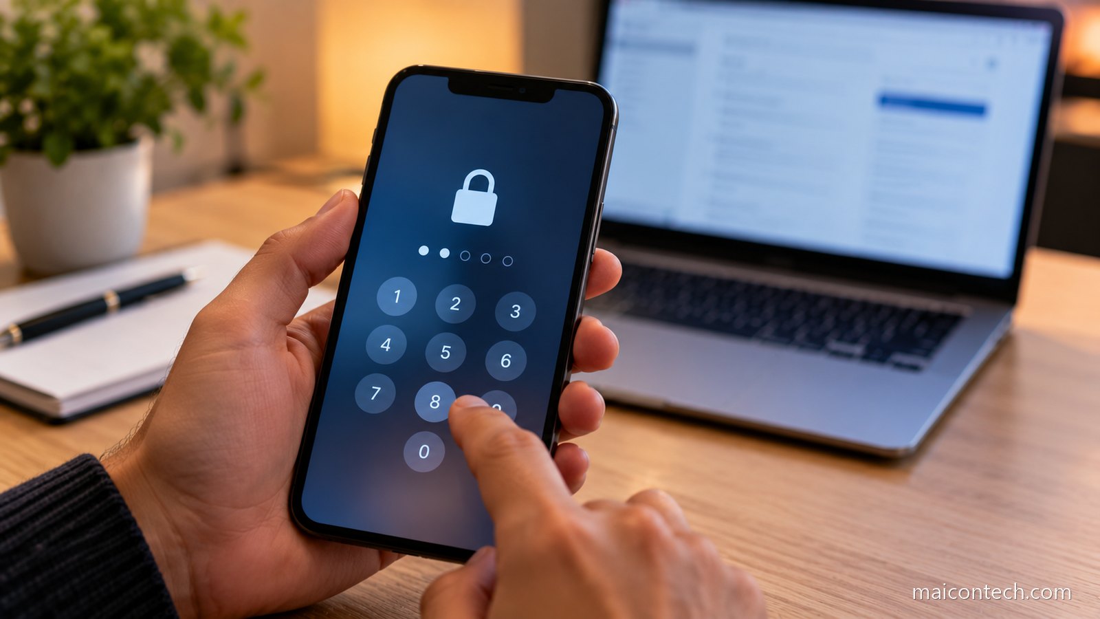 Mao a segurar telemovel com ecra de autenticacao e teclado numerico, com portatil ao fundo