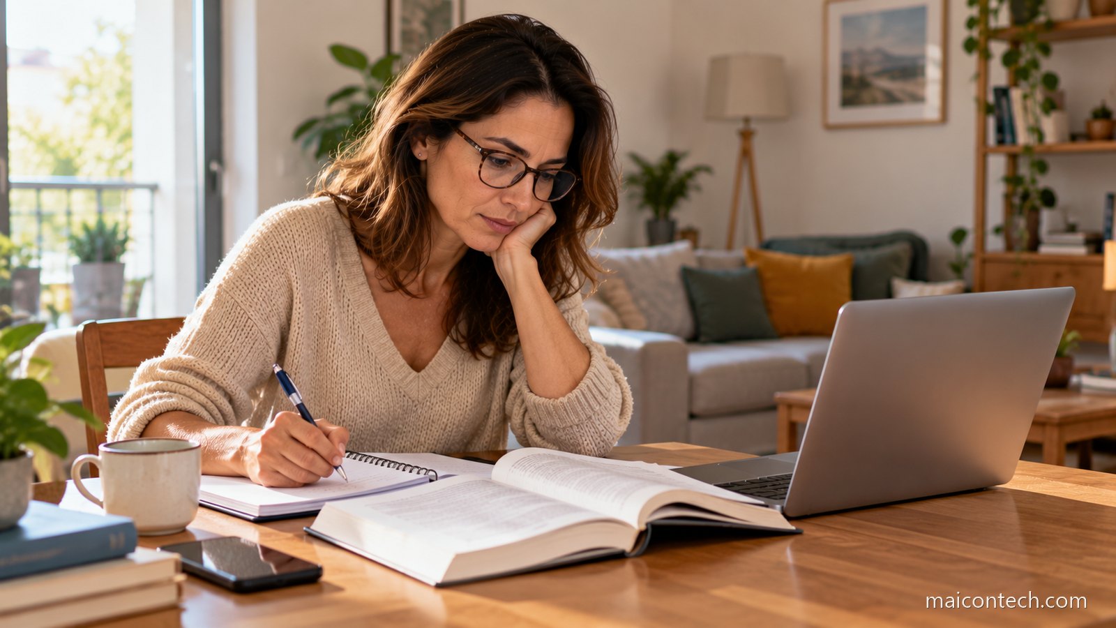Mulher de cerca de 40 anos de óculos a estudar à mesa de uma sala, com um livro aberto, um caderno e um computador portátil