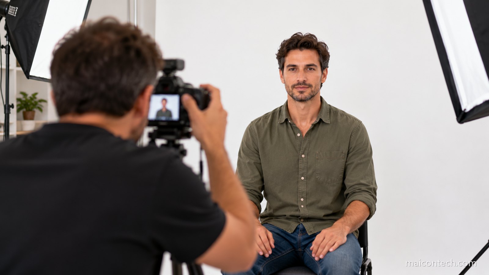 Homem de cerca de 30 anos sentado em frente a um fundo branco a ser fotografado por um fotógrafo com máquina num tripé
