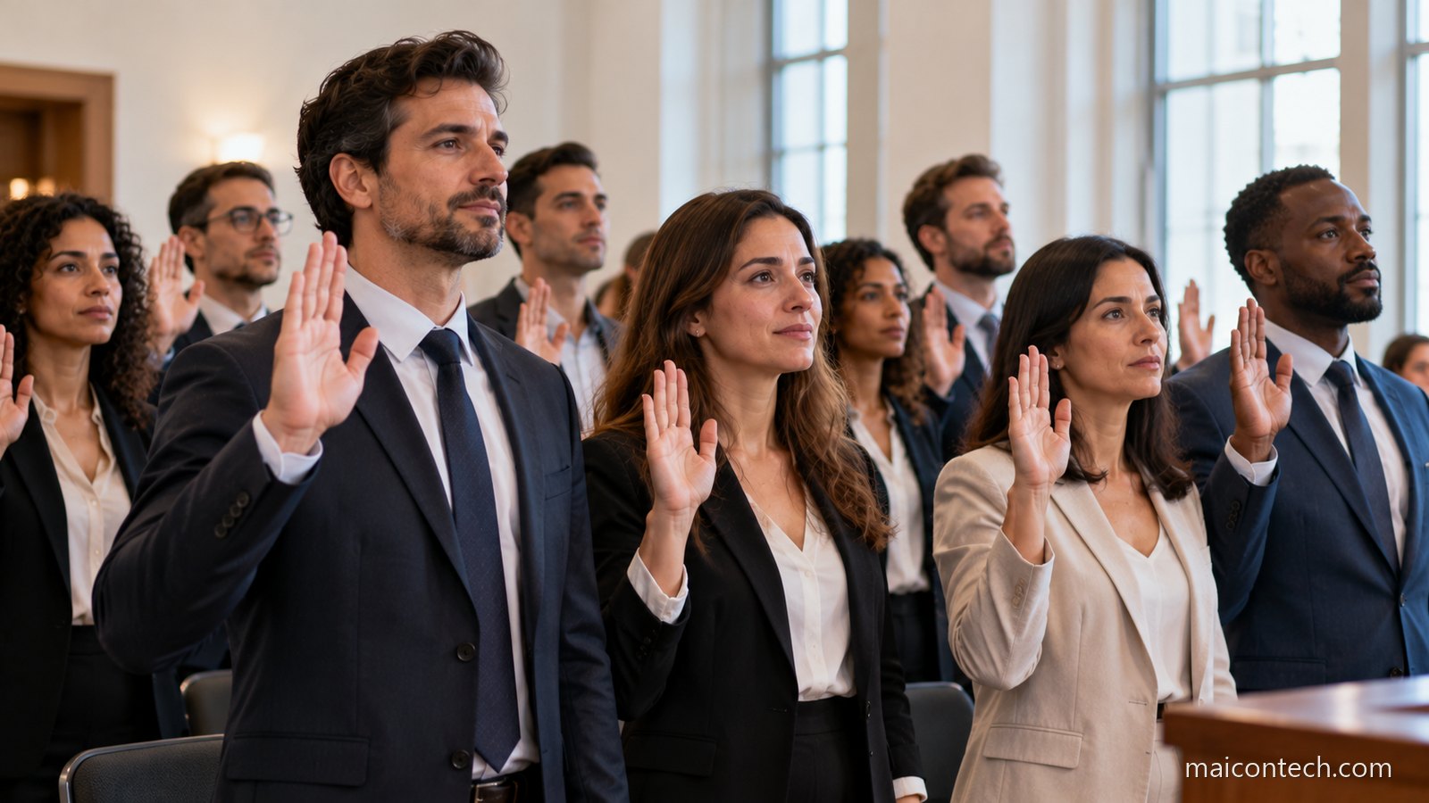 Grupo de pessoas adultas de origens diversas de pé numa sala clara, com a mão direita levantada, a fazer um juramento