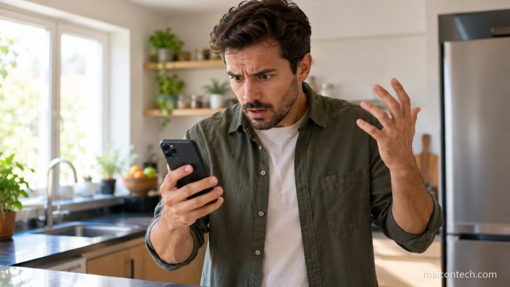 Homem na cozinha a olhar para o telemóvel com expressão de alarme e uma mão no ar