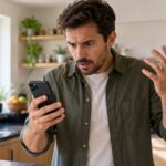 Homem na cozinha a olhar para o telemóvel com expressão de alarme e uma mão no ar