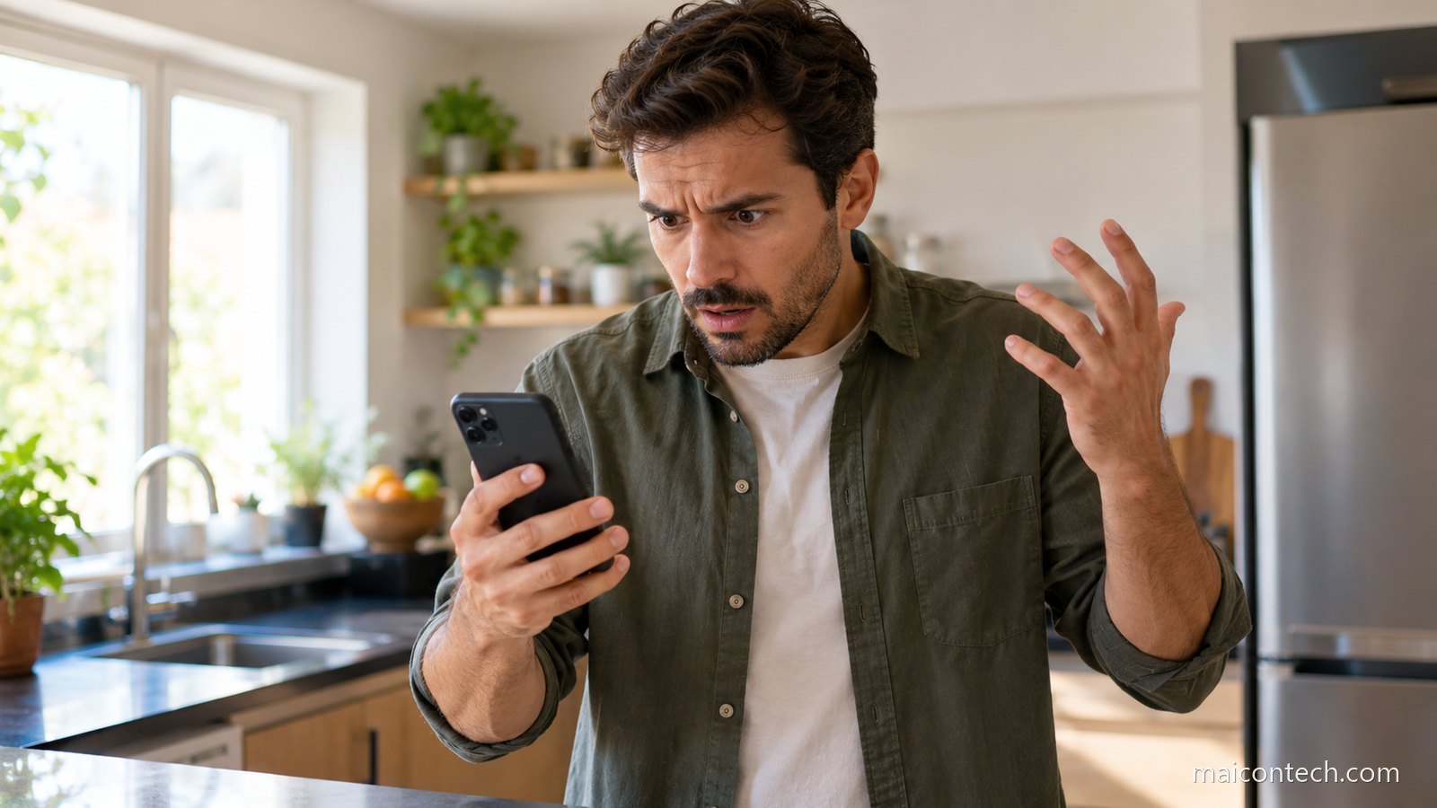 Homem na cozinha a olhar para o telemóvel com expressão de alarme e uma mão no ar