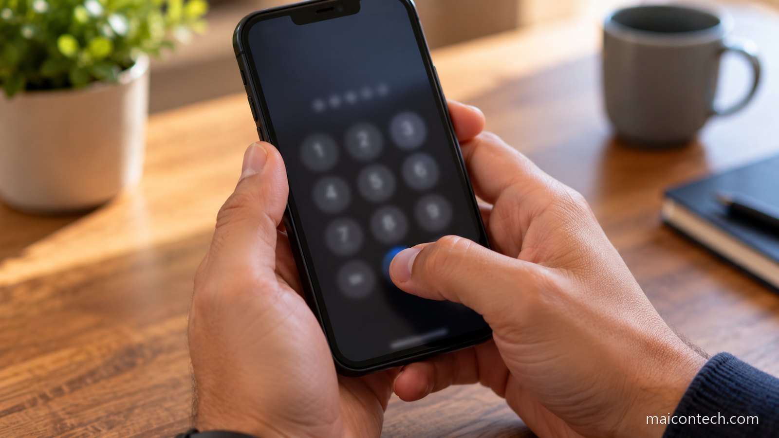 Mãos a segurar um telemóvel com o teclado numérico no ecrã e o polegar a tocar numa tecla