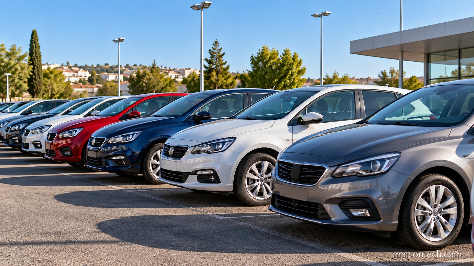 Fila de carros usados de várias cores estacionados lado a lado num stand ao ar livre
