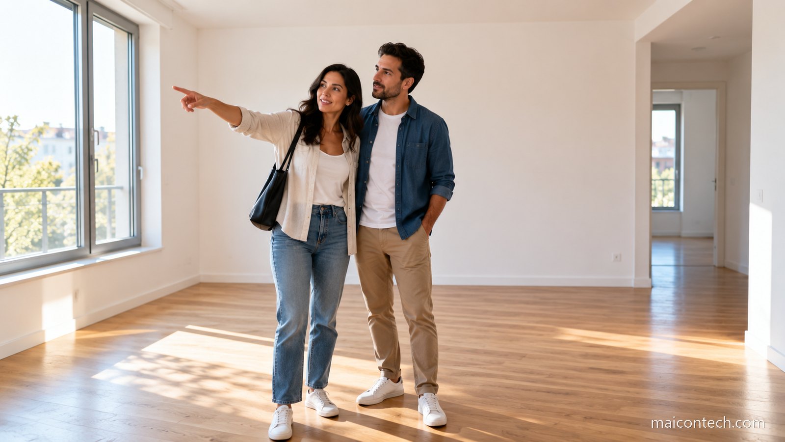 Casal de cerca de 35 anos de pé numa sala vazia e luminosa de um apartamento, a olhar em volta