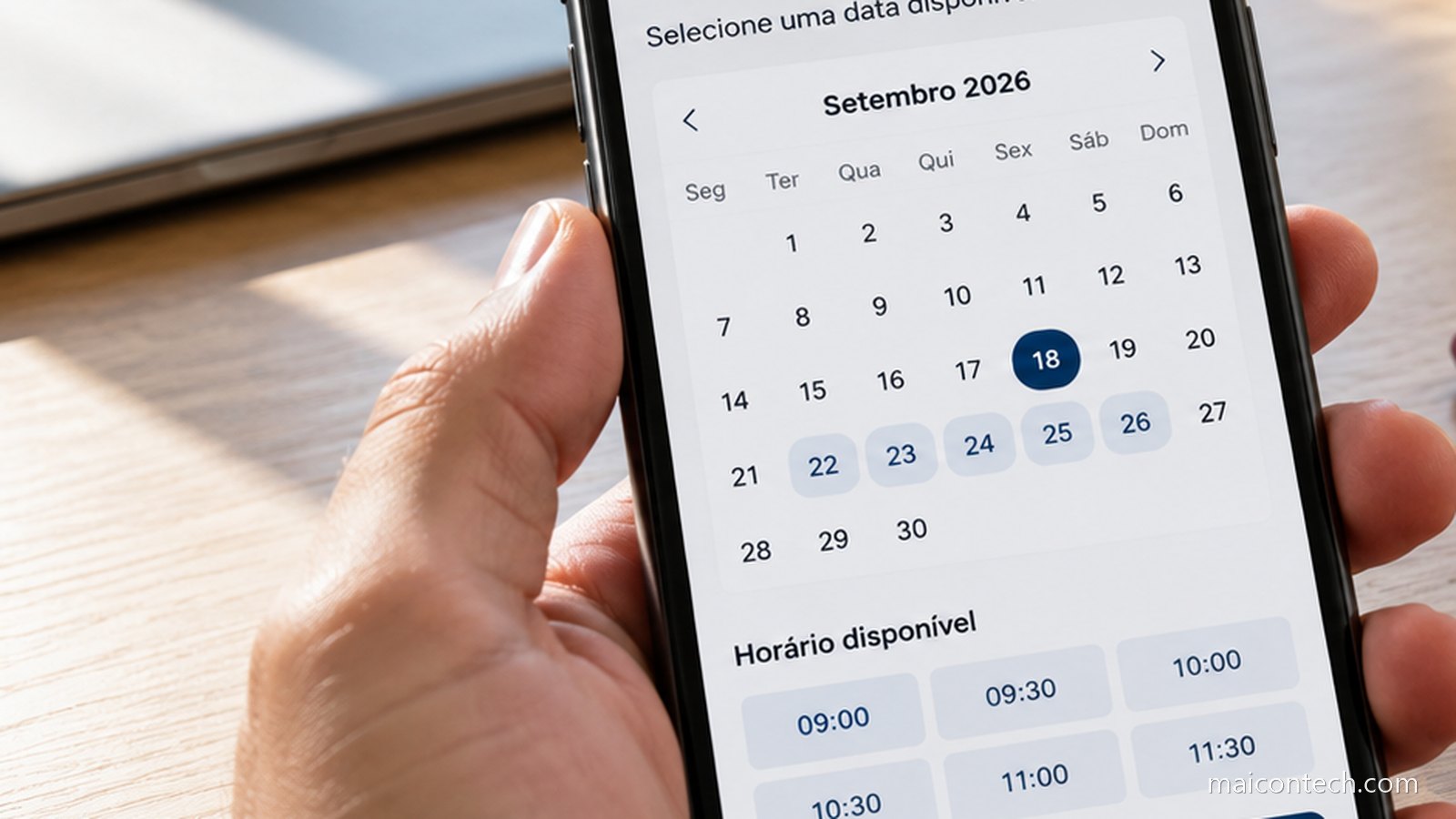 Mao a segurar um telemovel com um ecra de agendamento aberto, a mostrar um calendario mensal e uma lista de horarios disponiveis