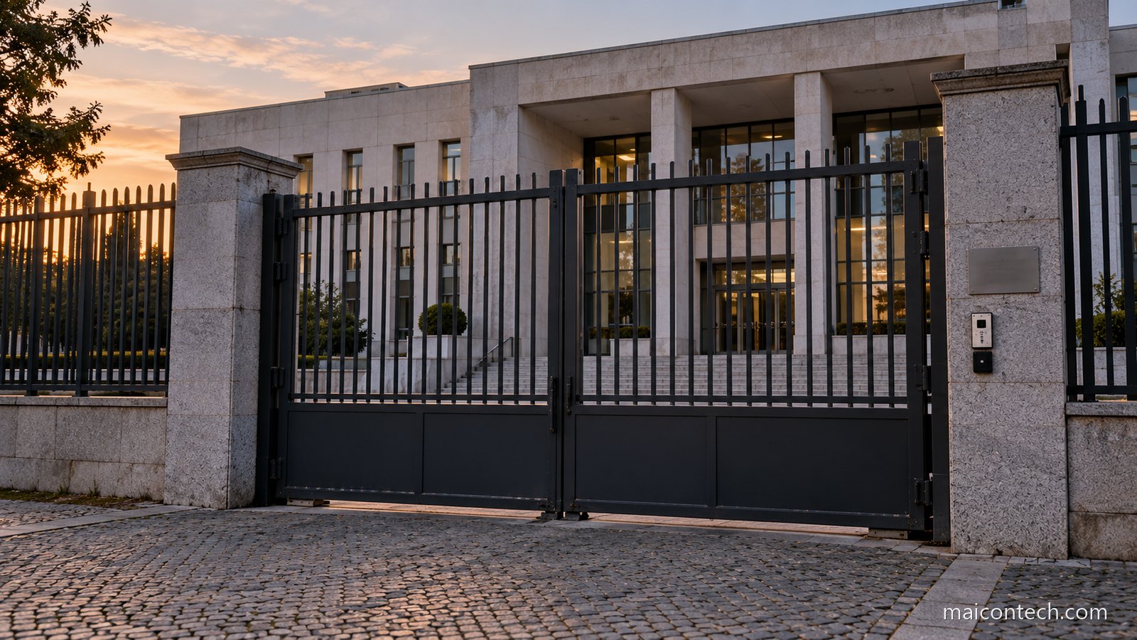 Portao de ferro preto fechado a entrada de um edificio oficial de pedra clara, com grades altas e a fachada iluminada ao fim da tarde