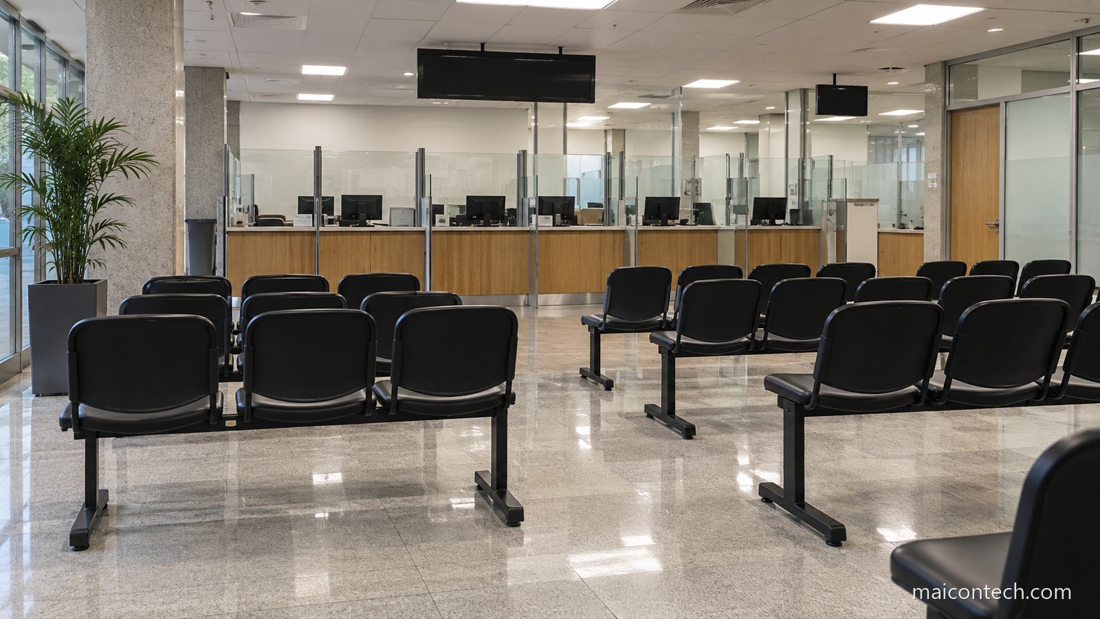 Sala de espera de um servico de atendimento ao publico com filas de cadeiras pretas vazias, balcoes com vidro ao fundo e paineis de informacao apagados