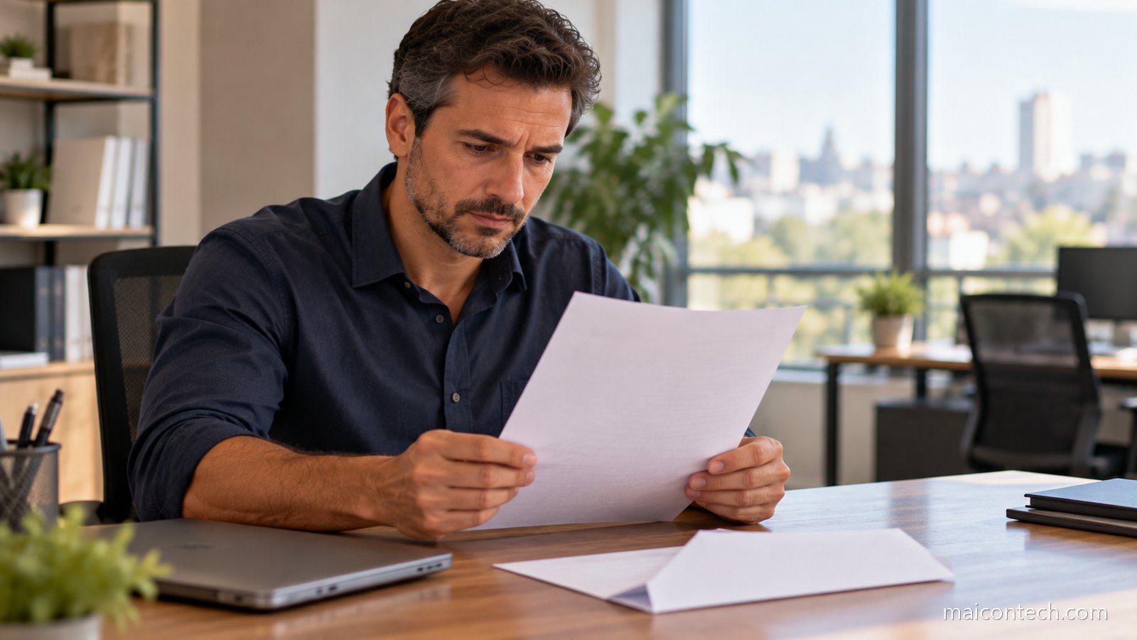 Homem de cerca de 40 anos sentado à secretária de um escritório a ler uma folha de papel com expressão séria, ao lado de um envelope aberto