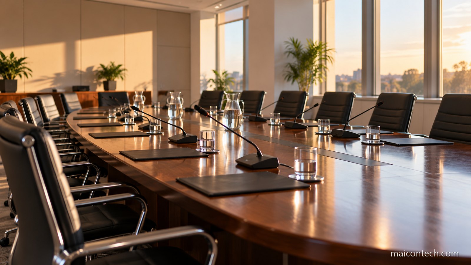 Sala de reuniões institucional vazia com mesa oval comprida, cadeiras de couro e microfones