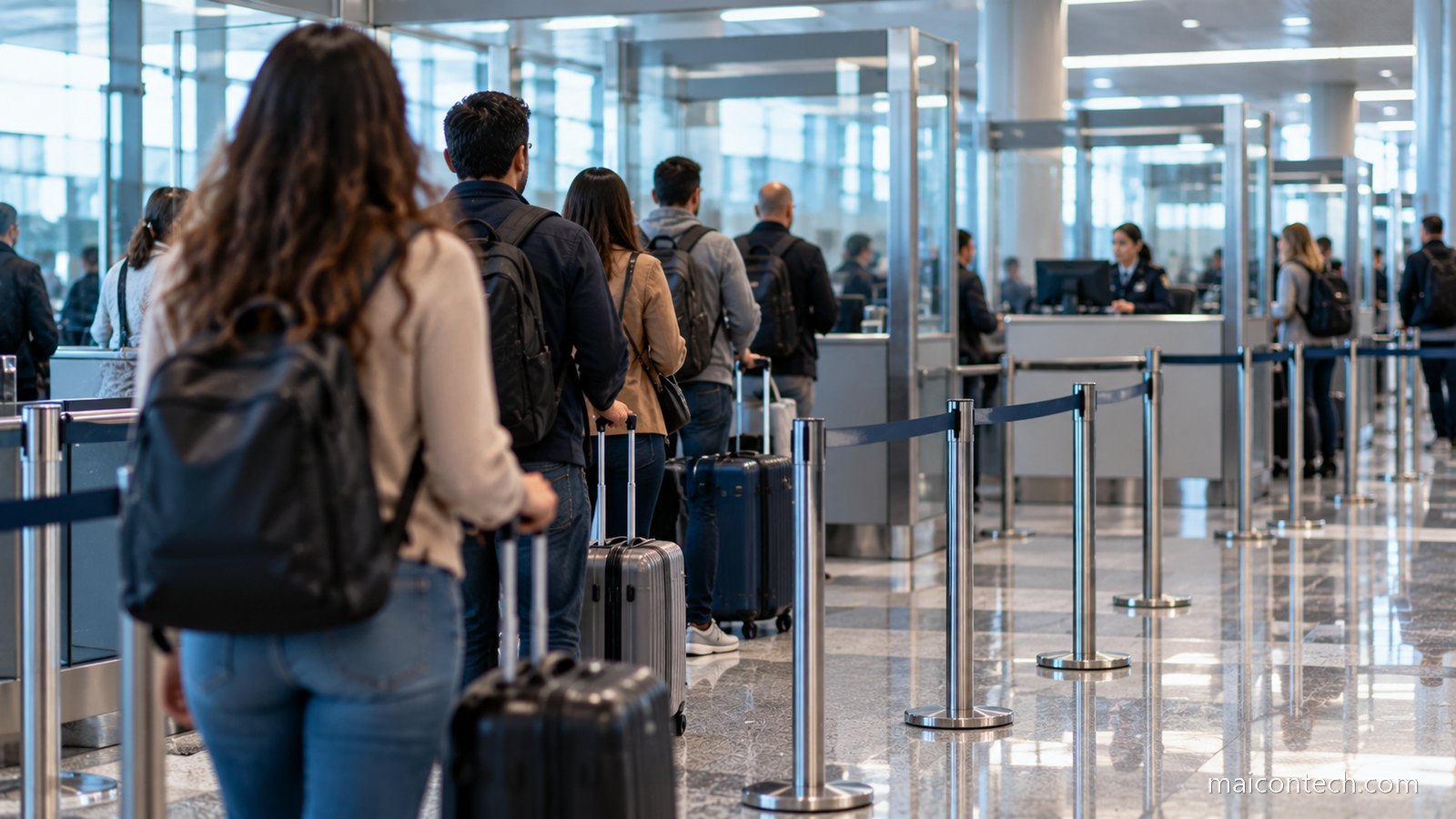 Fila de passageiros num posto de controlo de fronteira de um aeroporto europeu