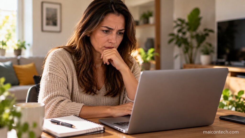 Mulher sentada à mesa da sala com um computador portátil aberto, a olhar para o ecrã com expressão de dúvida e a mão no queixo