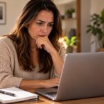 Mulher sentada à mesa da sala com um computador portátil aberto, a olhar para o ecrã com expressão de dúvida e a mão no queixo