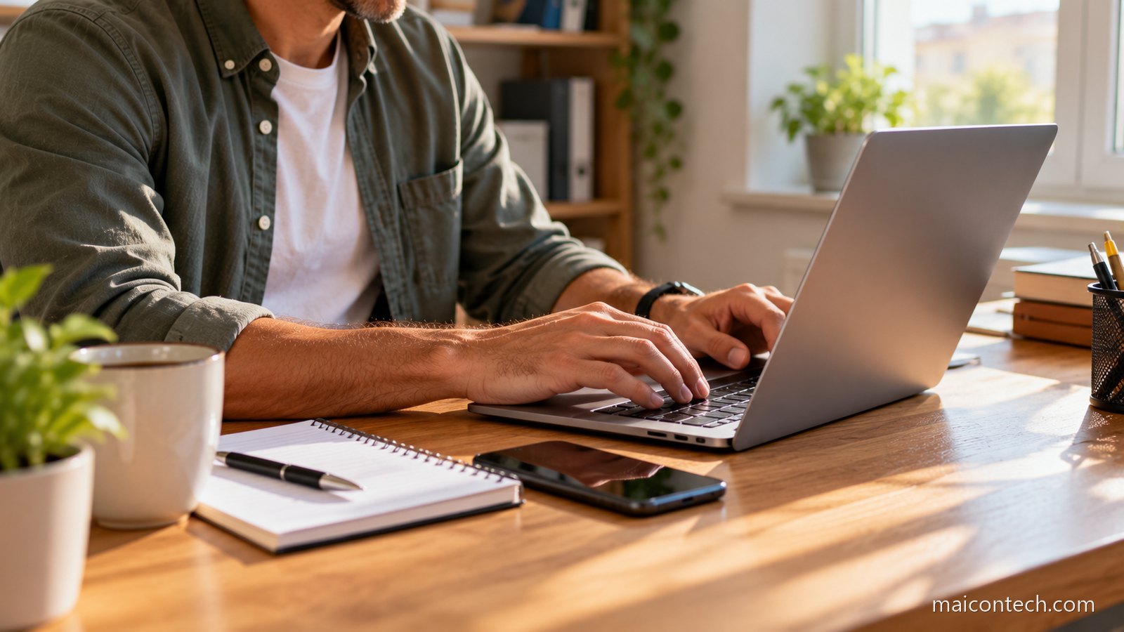Homem sentado a uma secretária a escrever num computador portátil, com o telemóvel e um caderno de notas ao lado