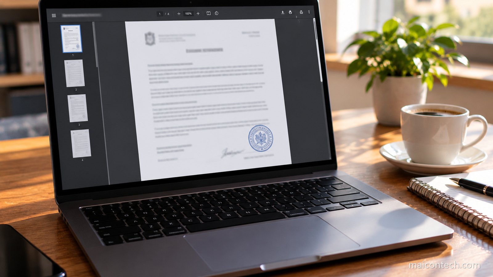 Portatil aberto sobre uma mesa a mostrar um documento em PDF com texto desfocado, ao lado de uma chavena de cafe, com luz de manha