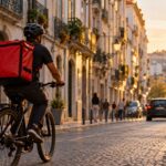 Entregador de bicicleta com mochila térmica às costas numa rua de cidade europeia