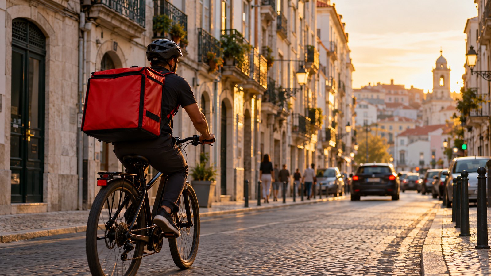 Entregador de bicicleta com mochila térmica às costas numa rua de cidade europeia