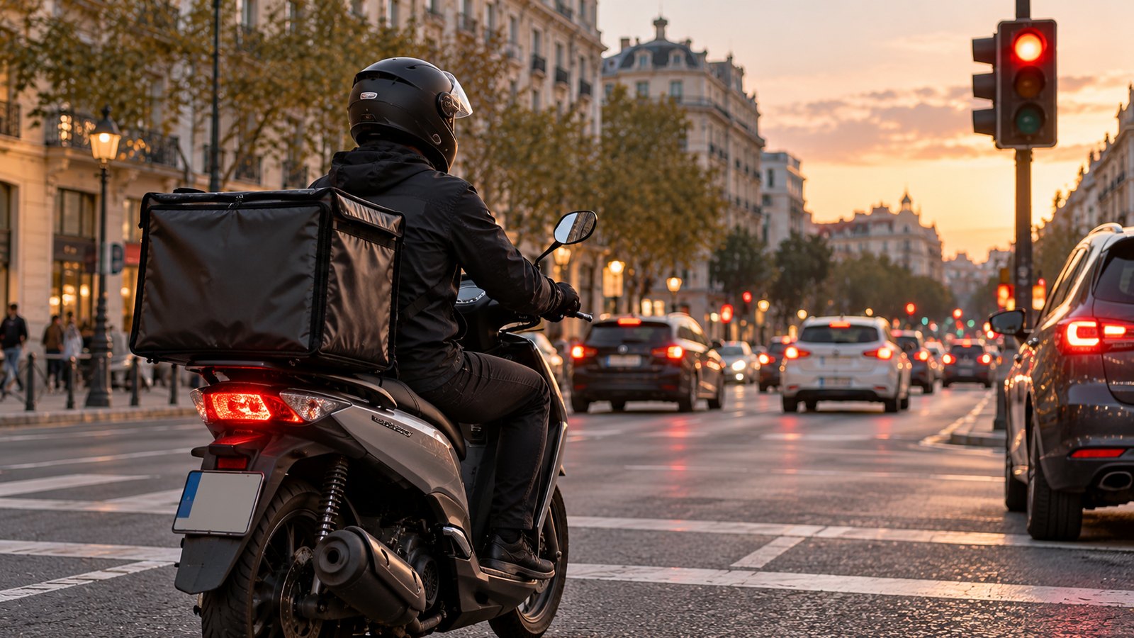Entregador de scooter parado num semáforo numa avenida movimentada ao fim do dia