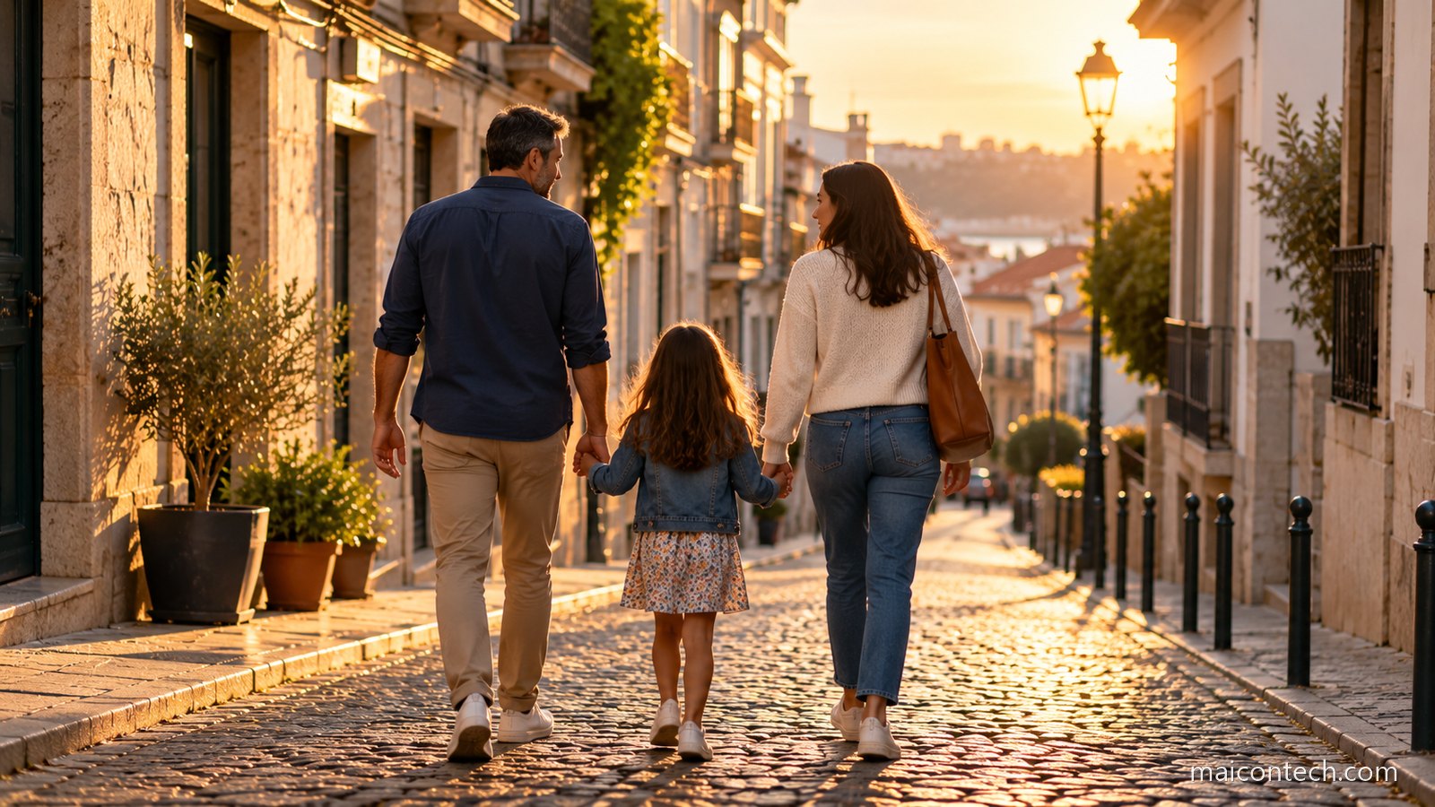 Família de três pessoas a caminhar de costas por uma rua europeia calcetada ao fim da tarde