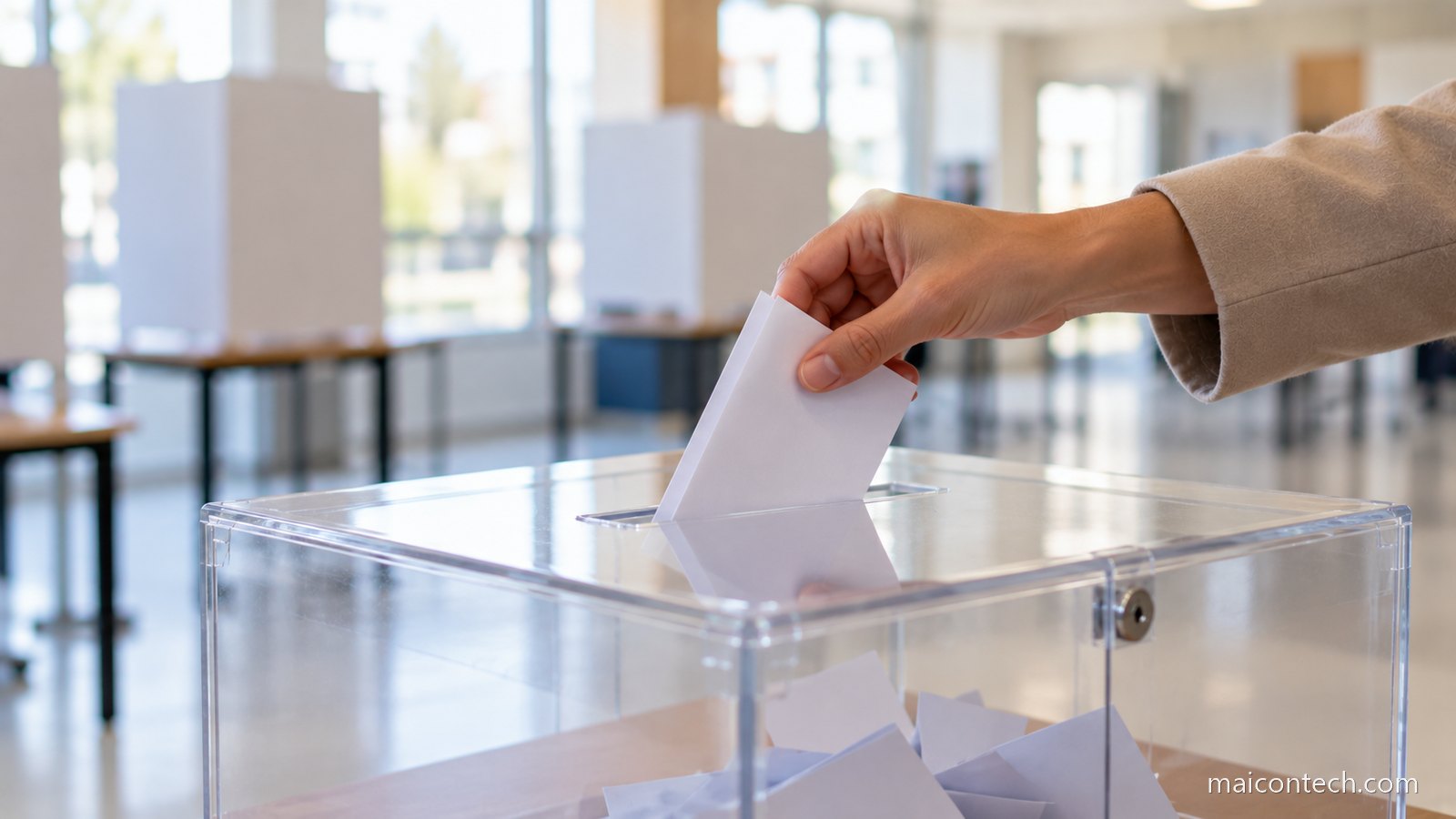 Mão a depositar um boletim de voto dobrado dentro de uma urna transparente numa sala ampla e clara