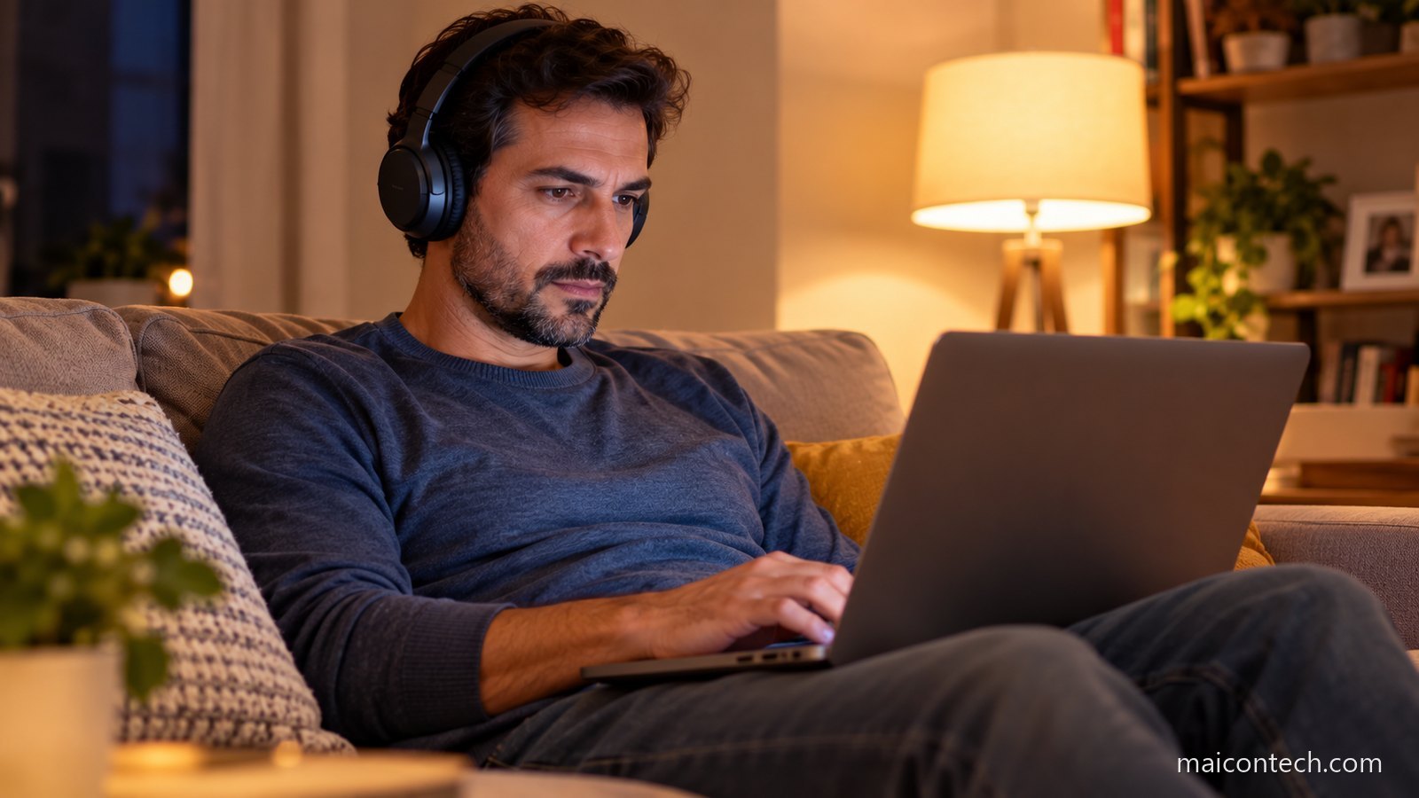 Homem sentado no sofá à noite com auscultadores e um computador portátil ao colo, concentrado
