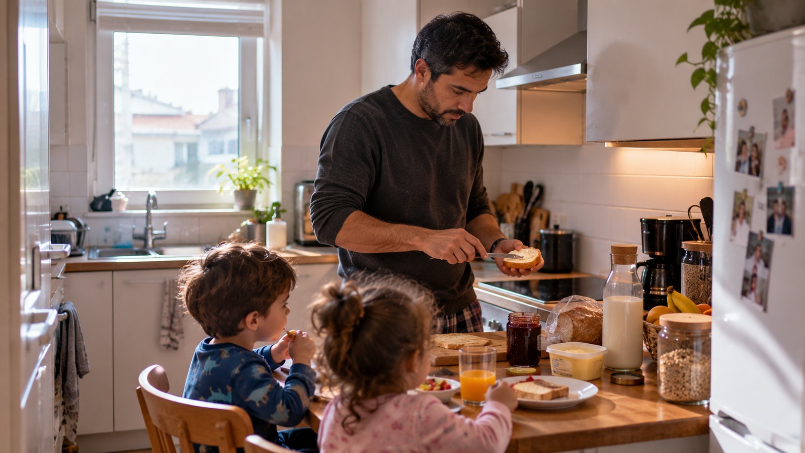 Pai a preparar o pequeno-almoço para duas crianças pequenas numa cozinha